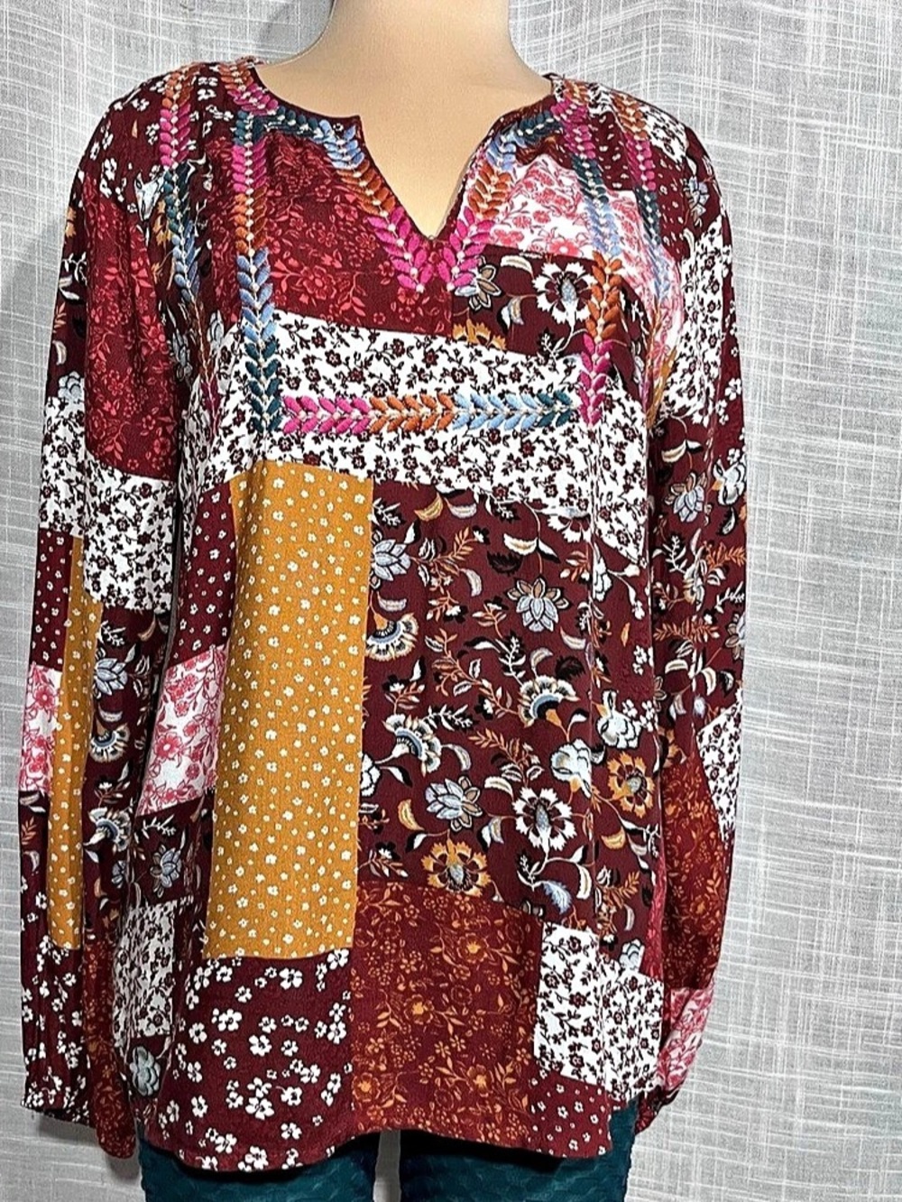 Savanna Jane Floral Patchwork tunic in Burgundy & Orange Size Large
